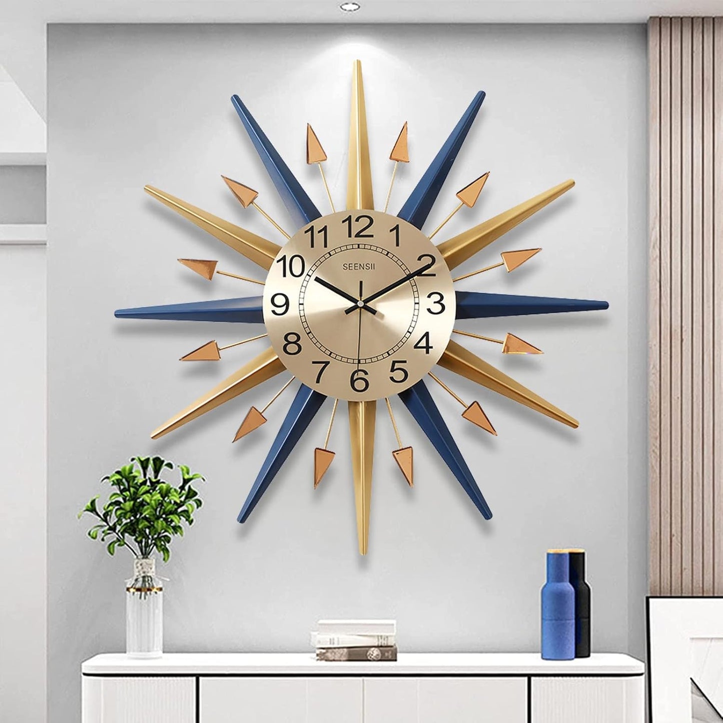 Large Wall Clock Metal Decorative, Mid Century Silent Non-Ticking Big Clocks