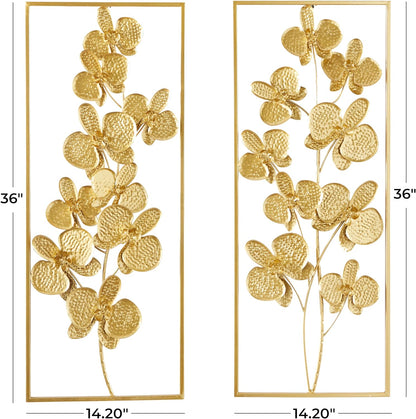 Metal Floral Home Wall Decor Orchid Wall Sculpture with Gold Frame