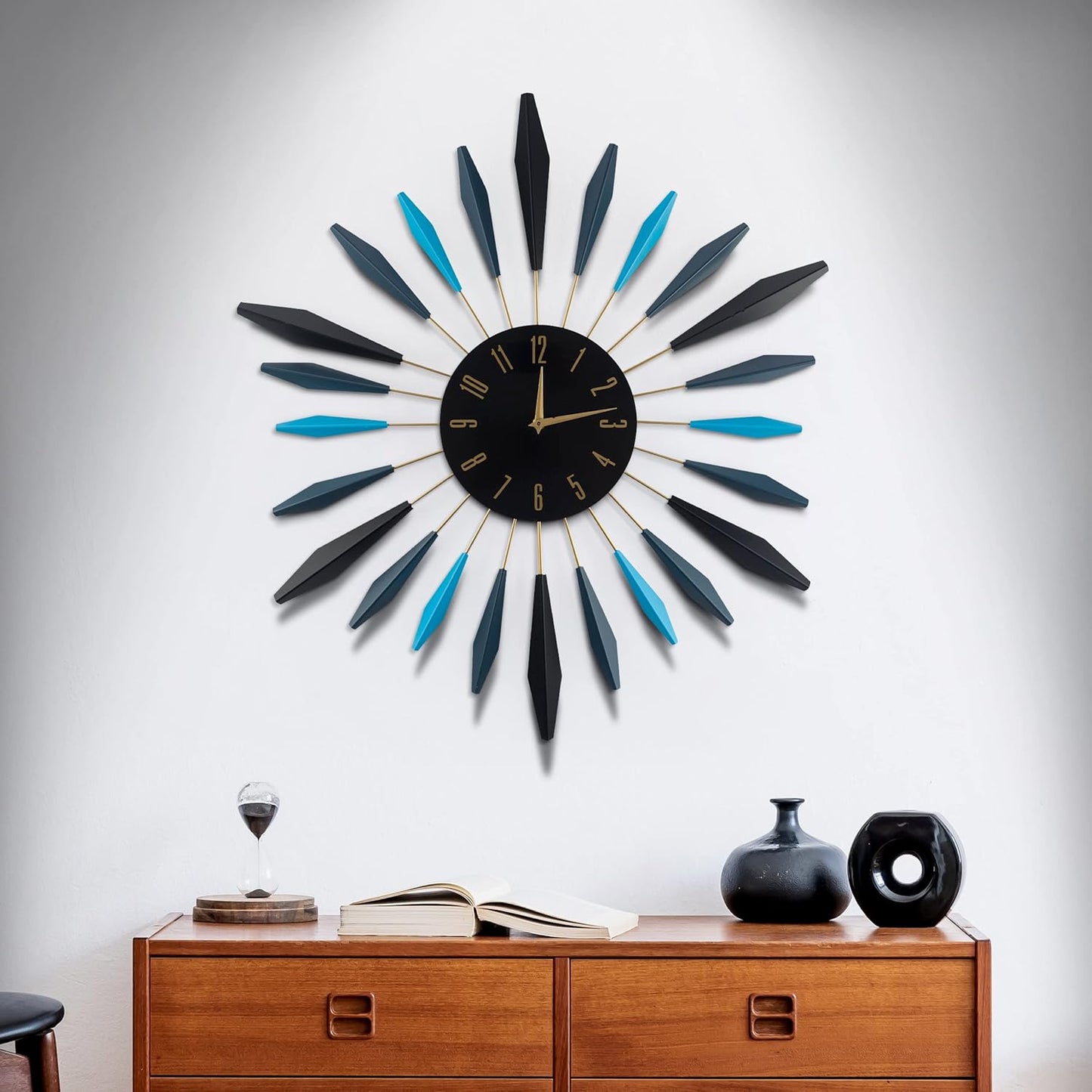 Large Wall Clock Metal Decorative, Mid Century Black