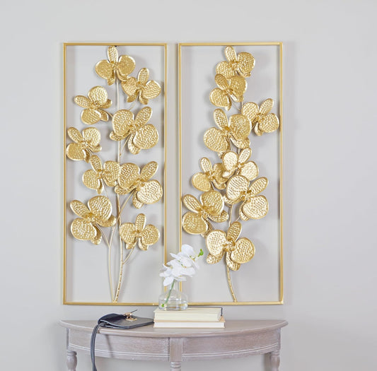 Metal Floral Home Wall Decor Orchid Wall Sculpture with Gold Frame