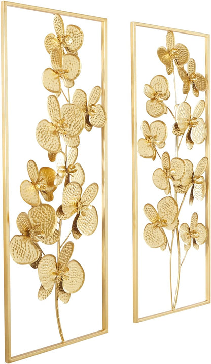 Metal Floral Home Wall Decor Orchid Wall Sculpture with Gold Frame