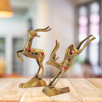 Brass Deer Pair Running Statue | Home Decor & Gifts Carved Abstract Aluminium Metal Elephant Showpiece Royal Metal Elephant Statue for Decoration and Gift Purpose