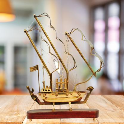 Brass Ship with Wooden Base  | Brass Sailing Pirate Ship on a Wooden Base | Handcrafted Brass Ship With Wooden Base for Home Decor and Gifting