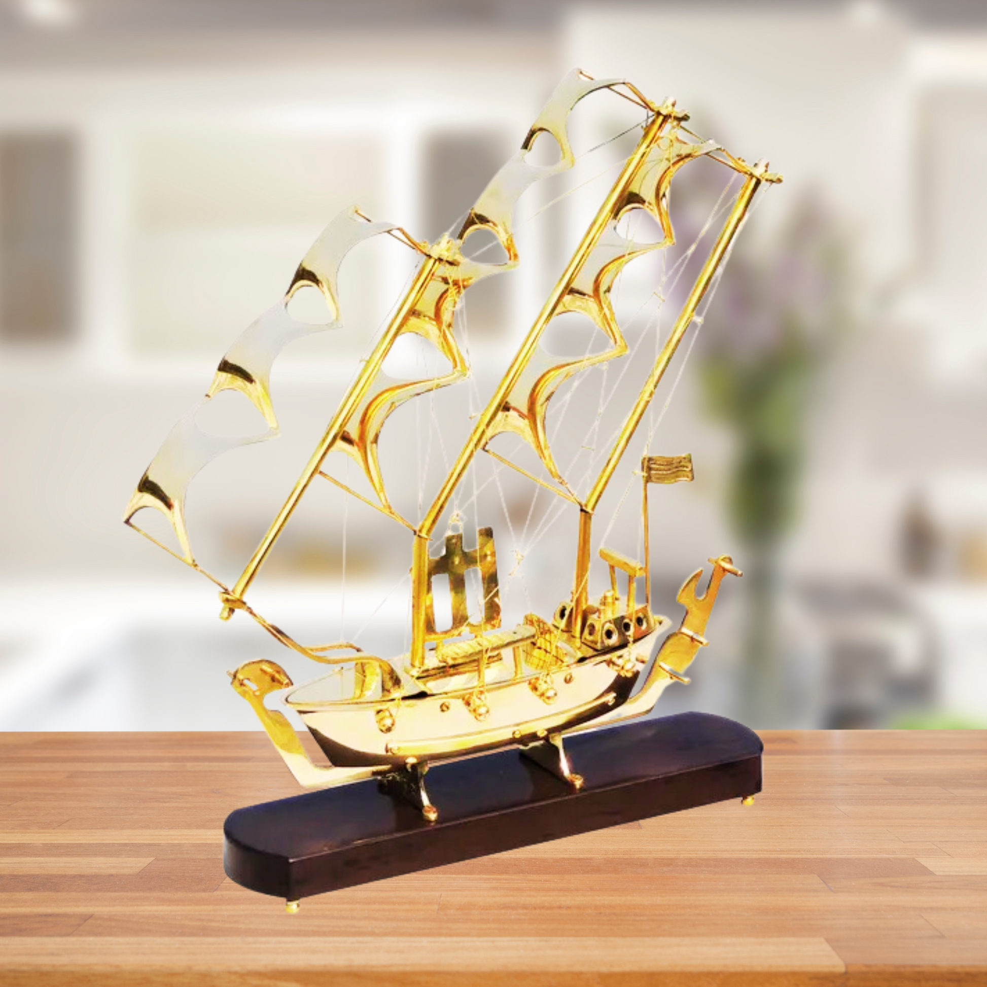 Brass Ship with Wooden Base  | Brass Sailing Pirate Ship on a Wooden Base | Handcrafted Brass Ship With Wooden Base for Home Decor and Gifting