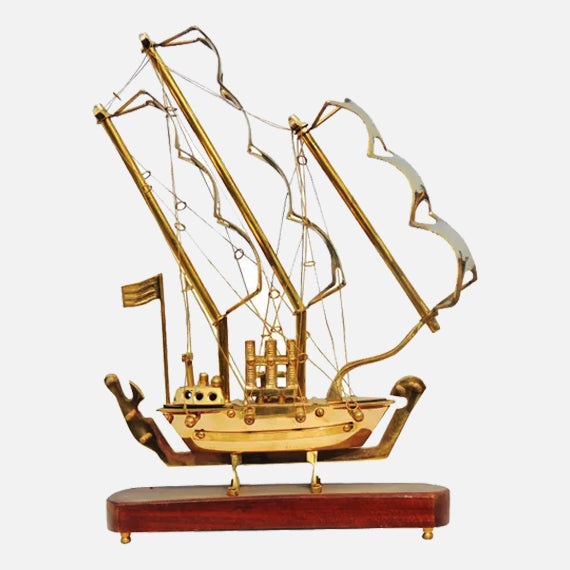 Brass Ship with Wooden Base