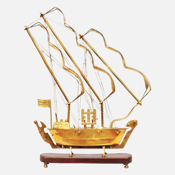 Brass Ship with Wooden Base