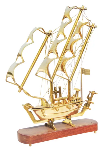 Brass Ship with Wooden Base