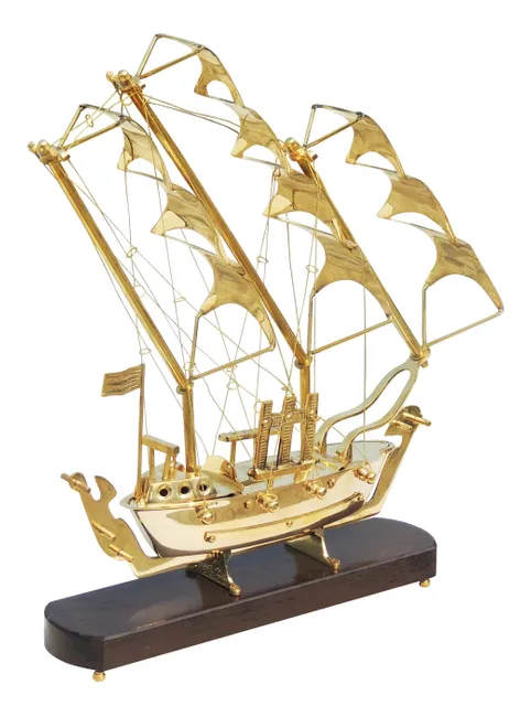 Brass Ship with Wooden Base