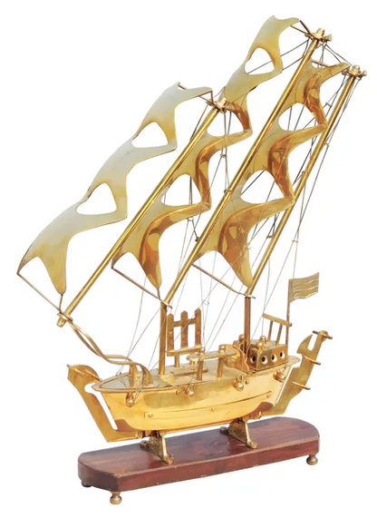 Brass Ship with Wooden Base